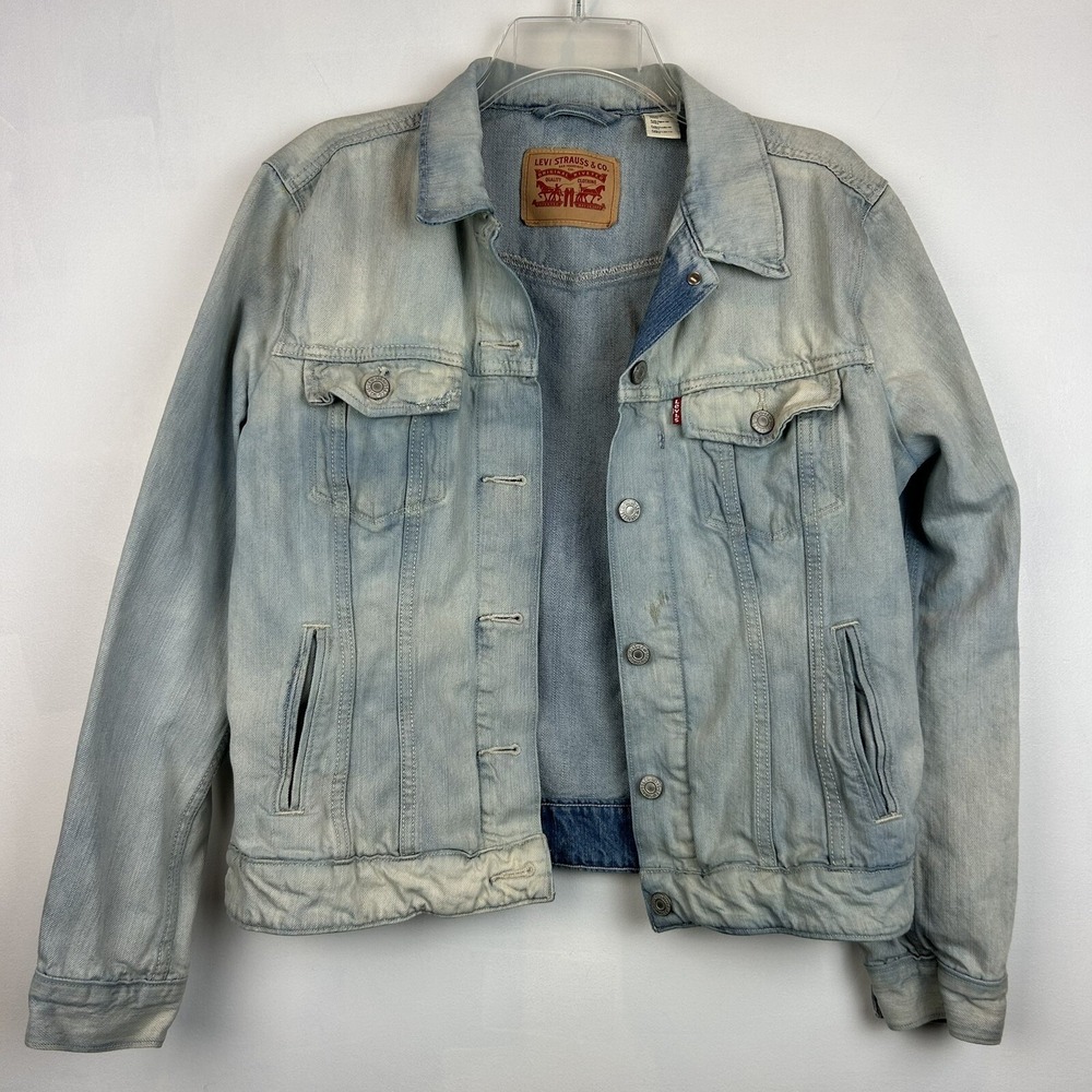 Levi's Jean Jacket Womans L Red Tag Denim Faded Distressed Spots Trucker Flaw